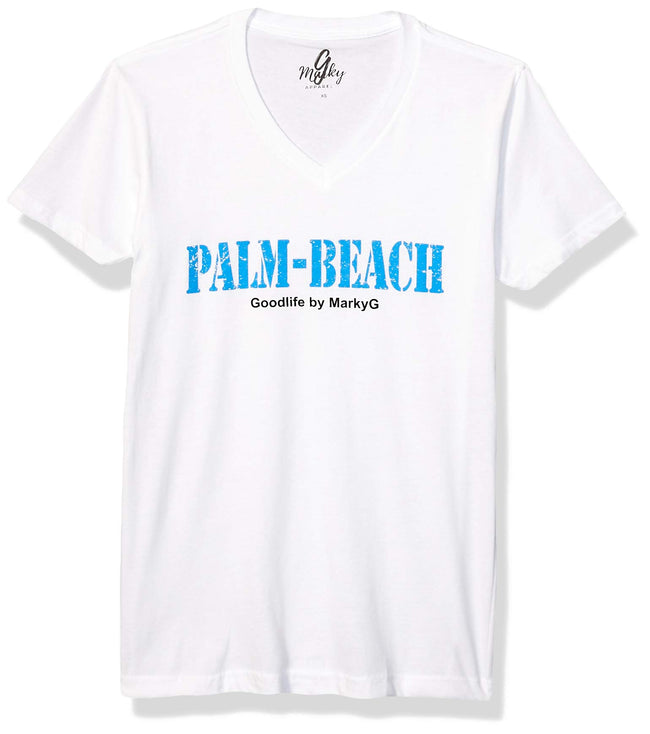 Marky G Apparel Men's Palm Beach Graphic Printed Premium Tops Fitted Sueded Short Sleeve V-Neck T-Shirt - Clementine Apparel