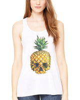 Clementine Women's Petite Plus Pineapple Skull Printed Flowy Racerback Tank - Clementine Apparel