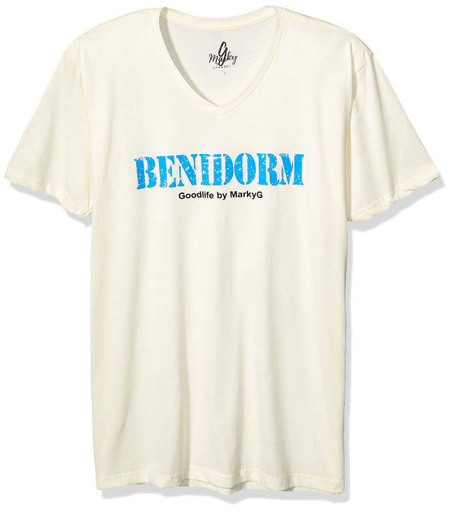 Marky G Apparel Men's Benidorm Graphic Printed Premium Tops Fitted Sueded Short Sleeve V-Neck T-Shirt - Clementine Apparel