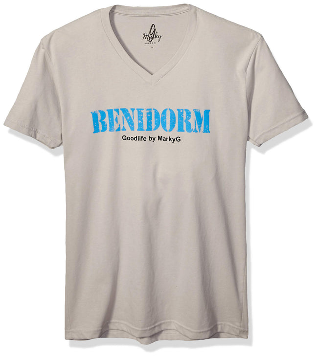 Marky G Apparel Men's Benidorm Graphic Printed Premium Tops Fitted Sueded Short Sleeve V-Neck T-Shirt - Clementine Apparel