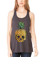 Clementine Women's Petite Plus Pineapple Skull Printed Flowy Racerback Tank - Clementine Apparel