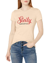 Marky G Apparel Women's Casual Short Sleeve Crewneck Tops Blouses Slim Fit T-Shirt With Sicily Printed - Clementine Apparel