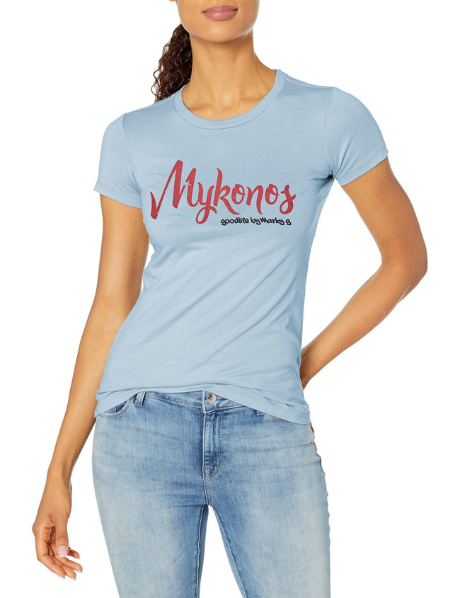 Marky G Apparel Women's Casual Short Sleeve Crewneck Tops Blouses Slim Fit T-Shirt With Mykonos Printed - Clementine Apparel