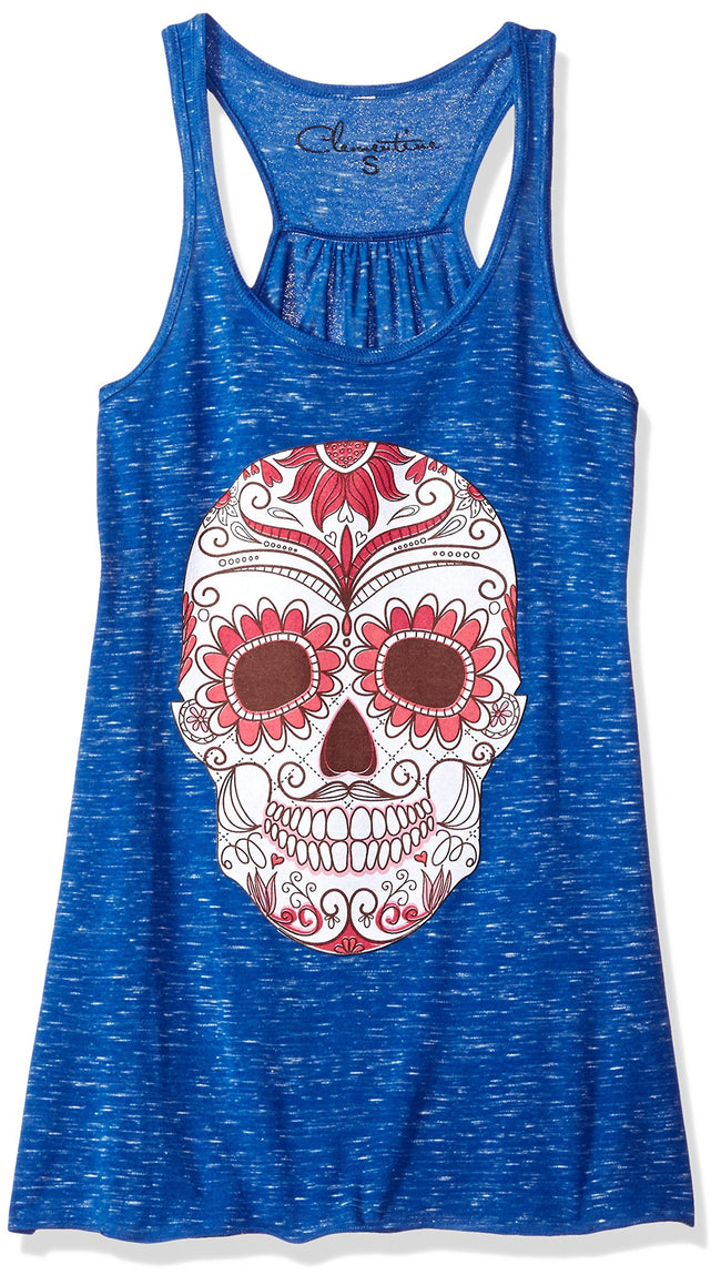 Clementine Women's Petite Plus Ladies' with Floral Skull Printed Flowy Racerback Tank - Clementine Apparel