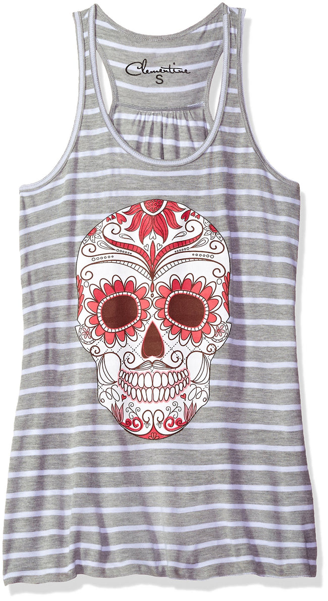 Clementine Women's Petite Plus Ladies' with Floral Skull Printed Flowy Racerback Tank - Clementine Apparel
